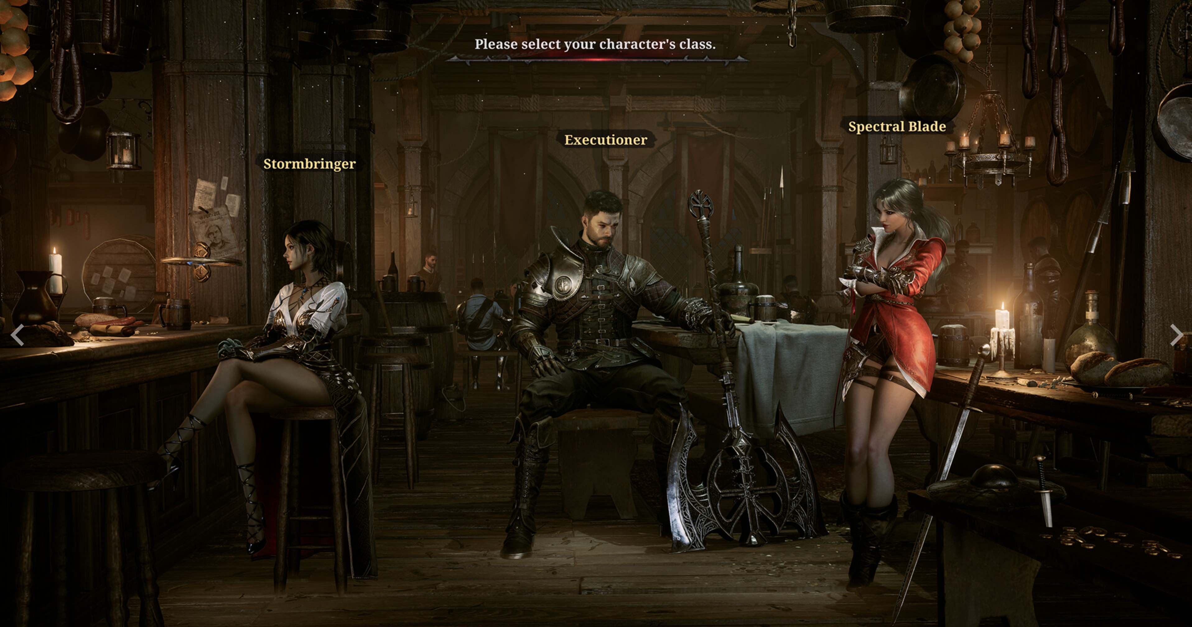 Embers of the Uncrowned class select screen showing Stormbringer, Executioner and Spectral Blade in a tavern