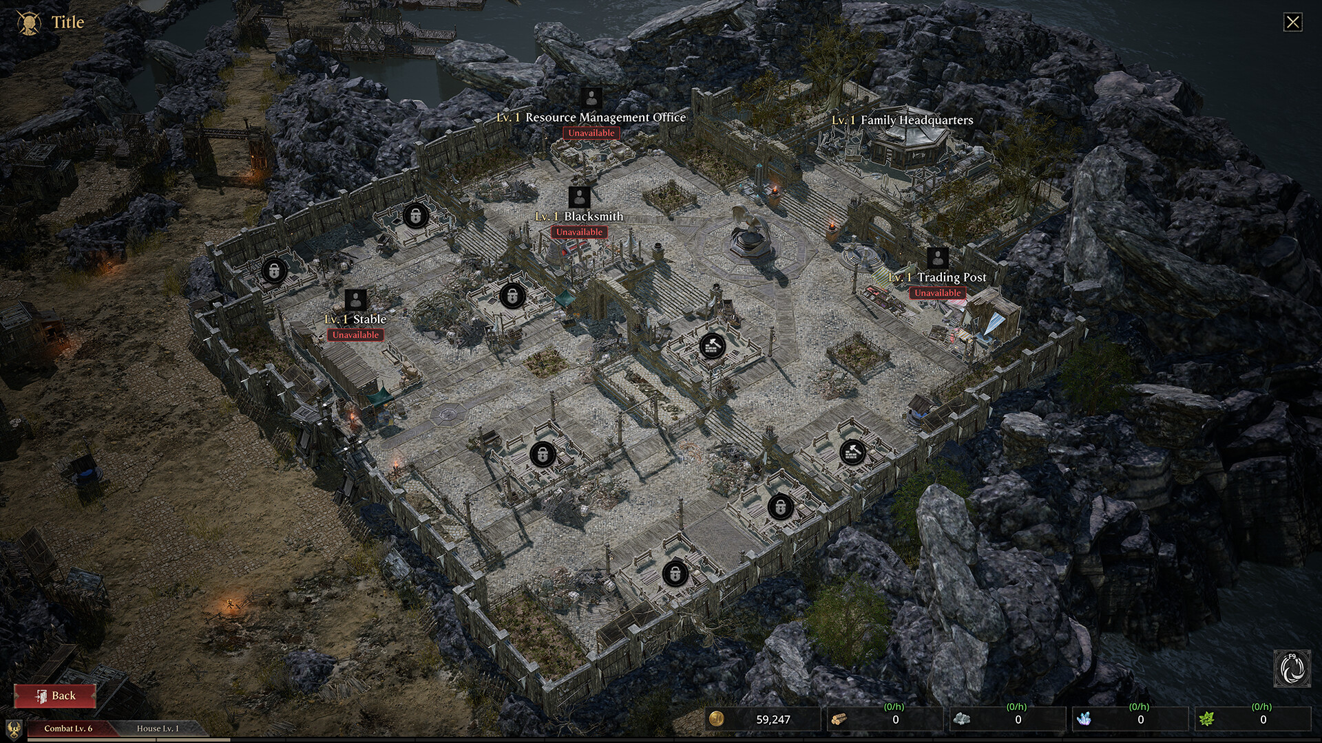 House Harborwell settlement view in Embers of the Uncrowned with a Blacksmith, Stable, Trading Post and Family Headquarters, most still locked at Level 1